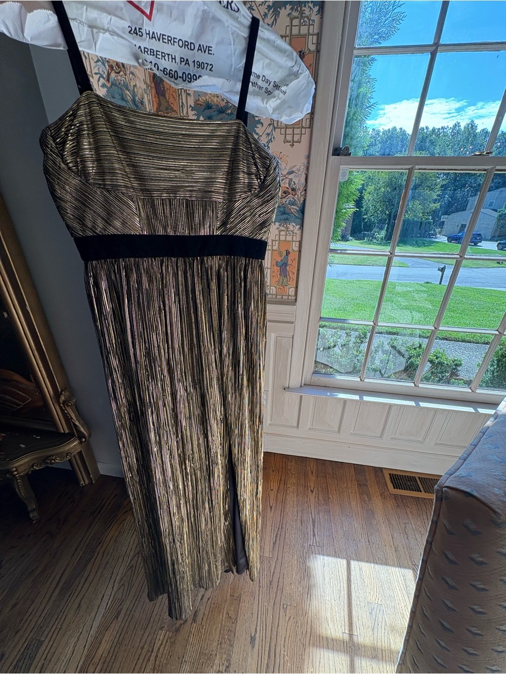 Gold Metallic Pleated Evening Dress with Black velvet Waistband